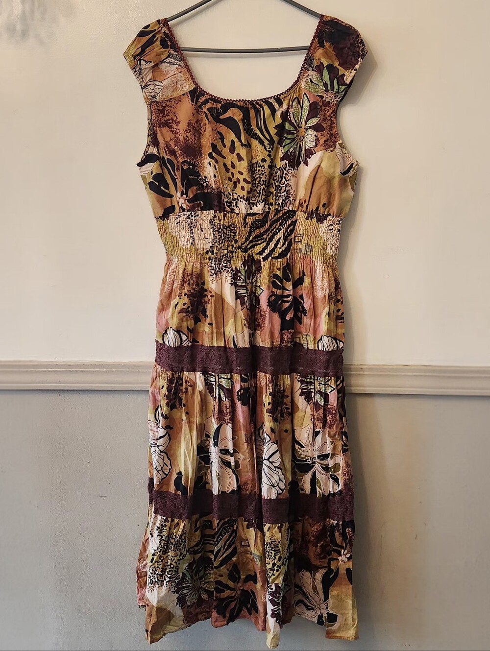 Speed Control Floral & Animal Print Tiered Midi Dress in Brown, Pink & Green